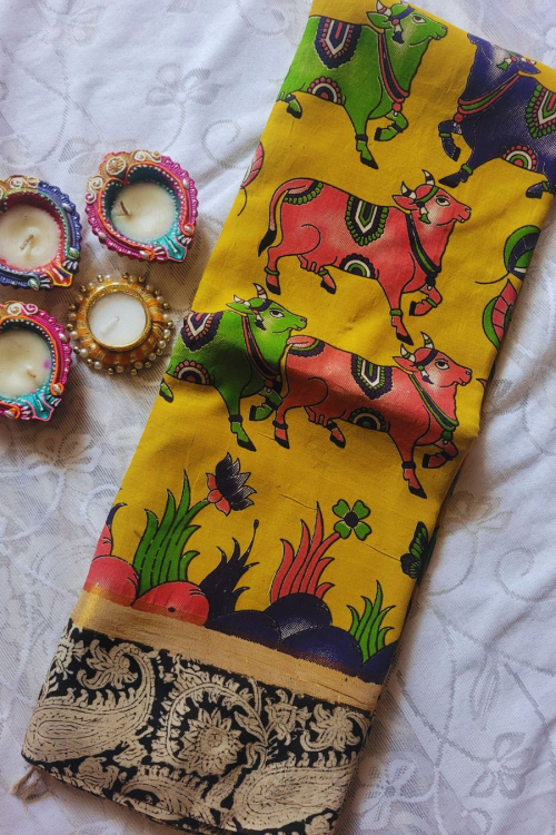 Kalamkari kaddi border pichwai print saree - Yellow