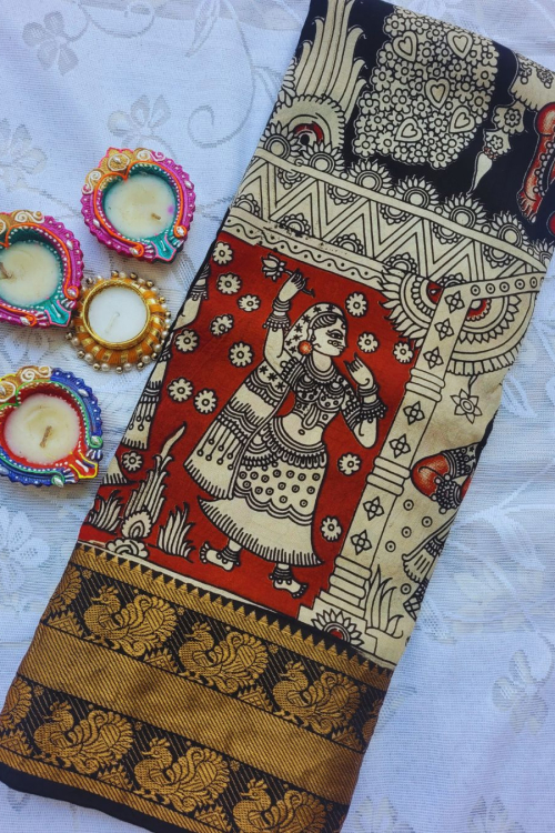 Kalamkari Mangalagiri silk Kanchi border saree