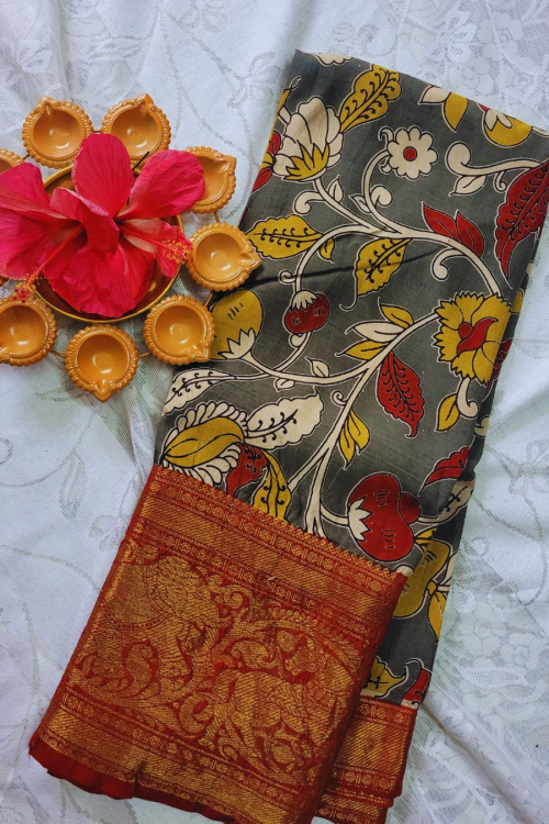 Kalamkari Mangalagiri silk 7 inch Kanchi border saree