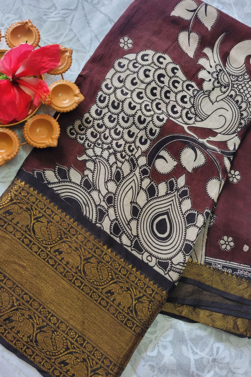 Kalamkari Chennur silk 7 Inch Kanjivaram border saree – MOR