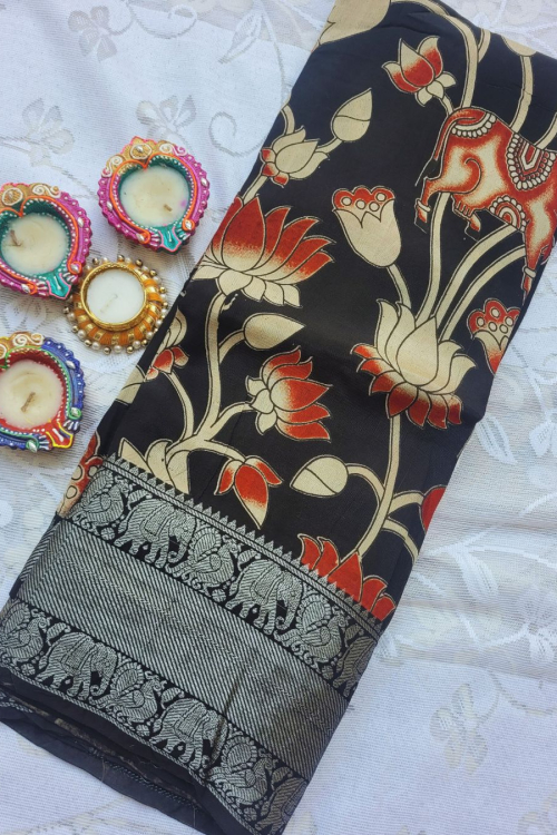 Kalamkari Chennur Silk Silver Zari Kanchi Border Saree - Pichwai