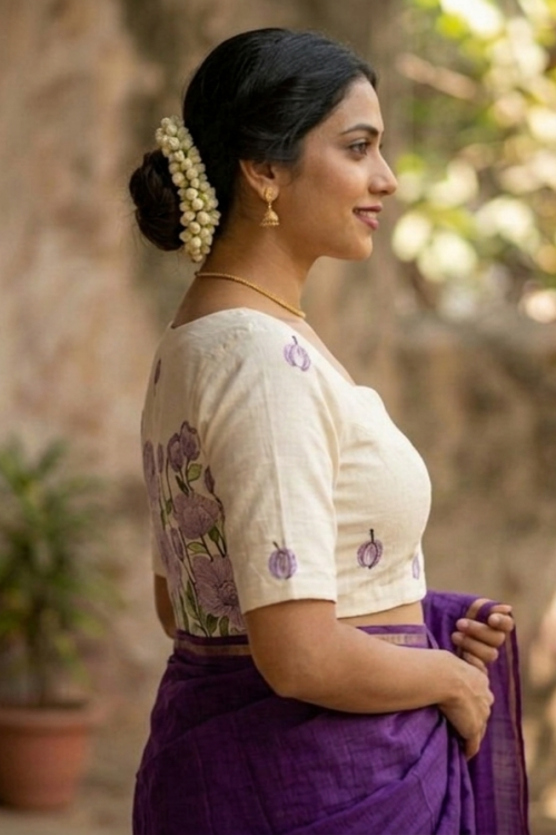 Alternative view of Cotton Kadhi with Machine Embroidery Padded front open Blouse