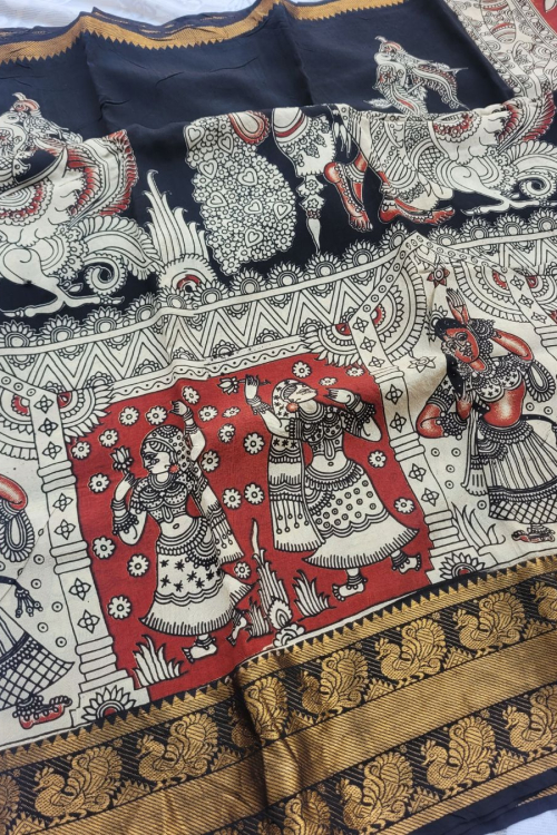 Alternative view of Kalamkari Mangalagiri silk Kanchi border saree