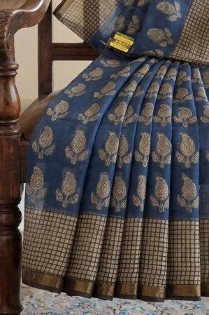Alternative view of Blockprinted Kota cotton saree - indigo bagru