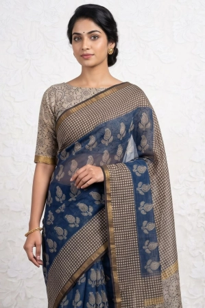 Blockprinted Kota cotton saree - indigo bagru