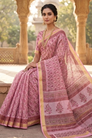 Kota Cotton Saree with Bagru Block Print-Pink