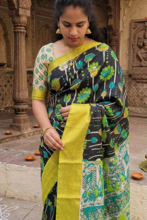 Kalamkari Mangalagiri silk Kanchi border saree- green lotus