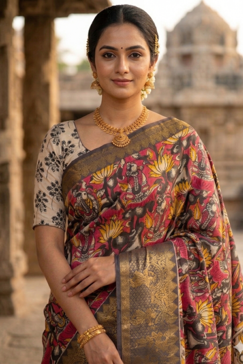 Kalamkari Mangalagiri silk Kanchi border saree- harikatha