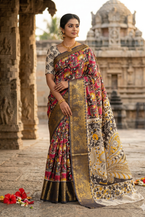Alternative view of Kalamkari Mangalagiri silk Kanchi border saree- harikatha