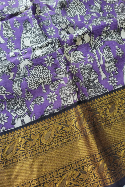 Alternative view of Kalamkari Chennur silk 7 Inch Kanchi border saree - Purple Village