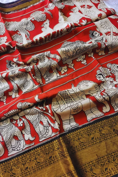 Alternative view of Kalamkari Chennur silk 7 Inch Kanchi border saree - Red Gatha