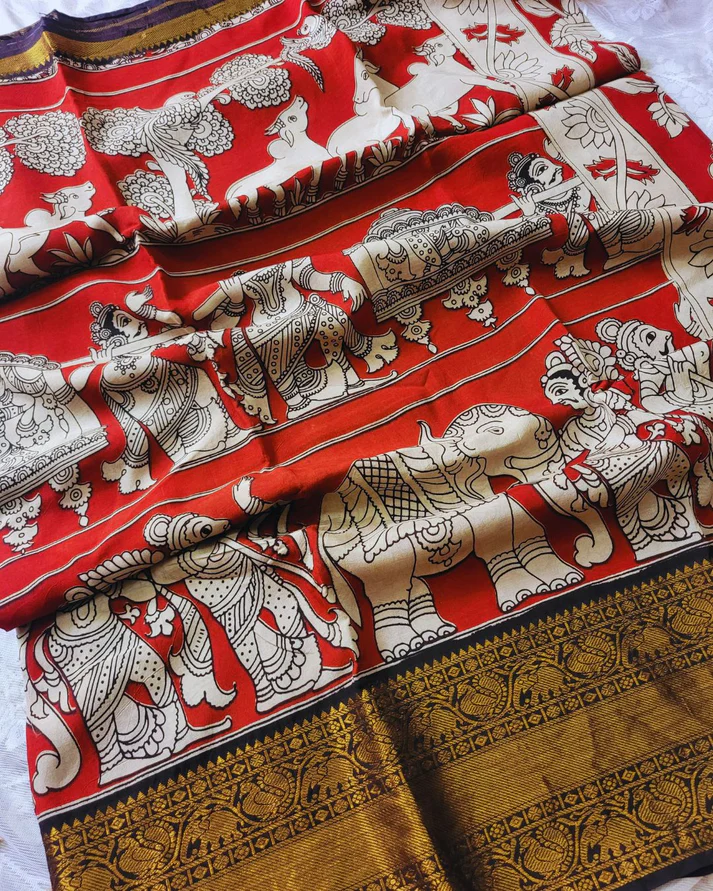 Kalamkari Chennur silk 7 Inch Kanchi border saree - Red Gatha - Image 2