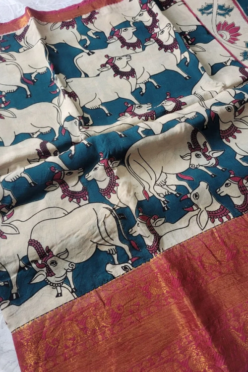 Alternative view of Kalamkari Chennur Silk 7 Inch Kanchi border saree - Nandi Pichwai