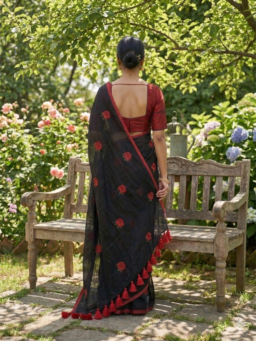 Mul Cotton Saree with Rose Embroidery - black - Image 3
