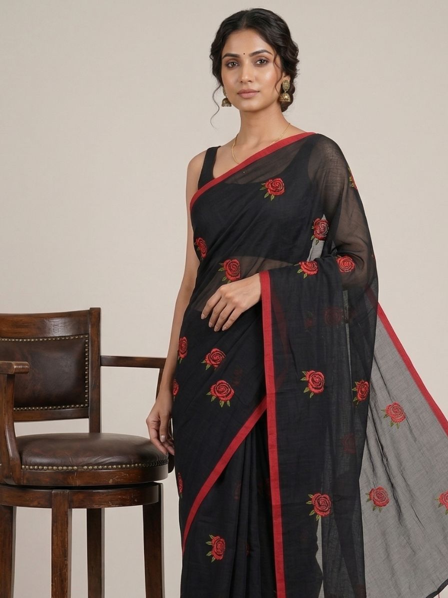 Mul Cotton Saree with Rose Embroidery - black