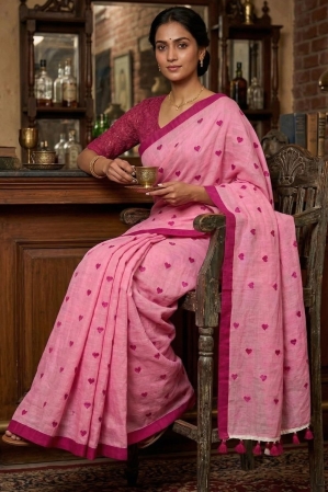 Alternative view of Mul khadi saree with heart embroidery - Pink