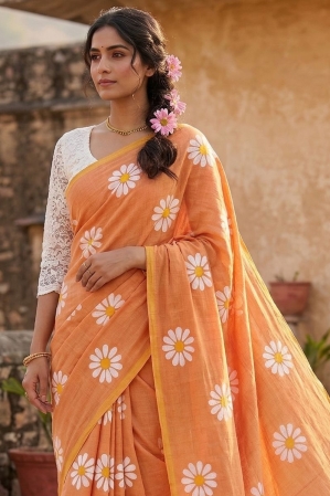 Mul khadi saree with flower brush paint - orange