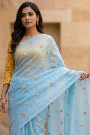 Mul Cotton Saree with Allover Embroidery - Sky Blue
