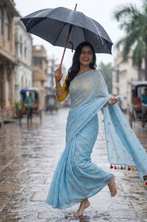 Alternative view of Mul Cotton Saree with Allover Embroidery - Sky Blue