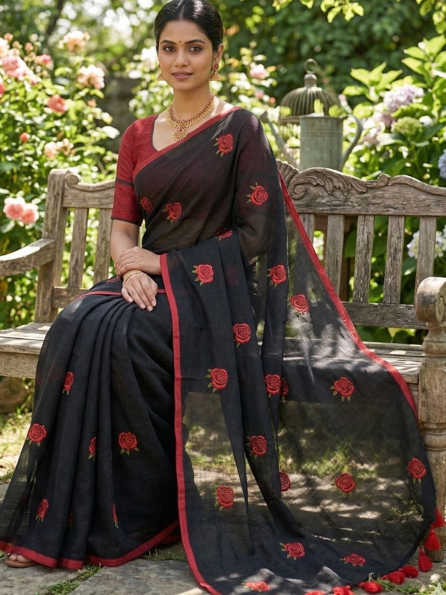 Mul Cotton Saree with Rose Embroidery - black - Image 5
