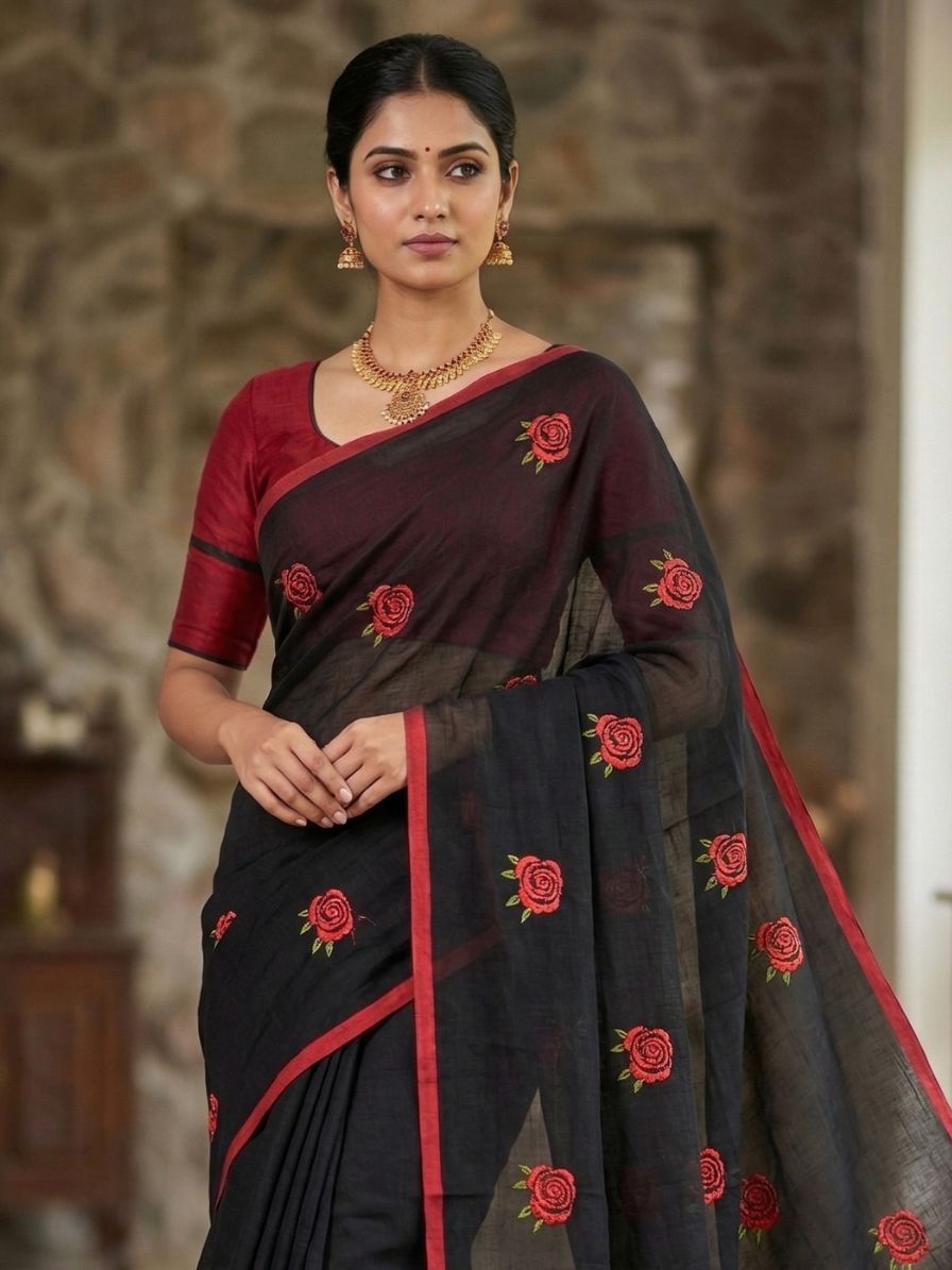 Mul Cotton Saree with Rose Embroidery - black - Image 4