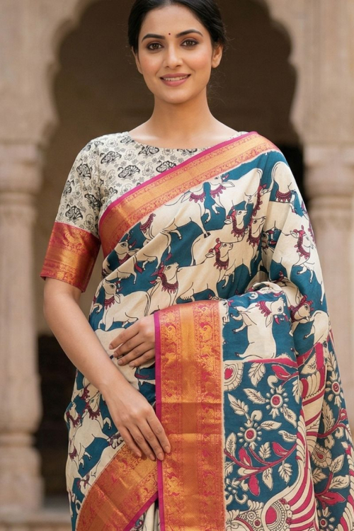 Kalamkari Chennur Silk 7 Inch Kanchi border saree - Nandi Pichwai