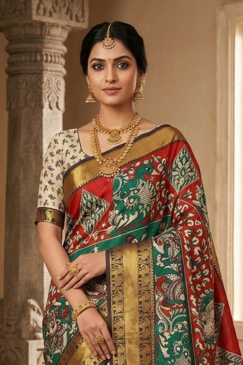 Red & Green Kanchi Border Kalamkari Screen Printed Chennur Silk saree - Ramani