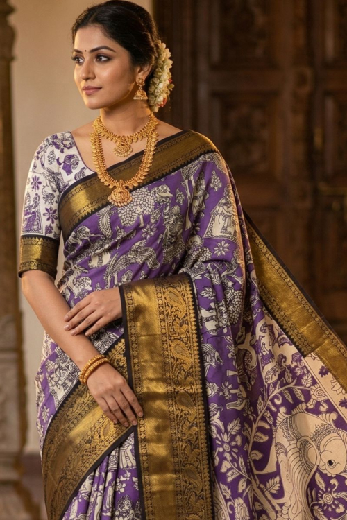 Kalamkari Chennur silk 7 Inch Kanchi border saree - Purple Village
