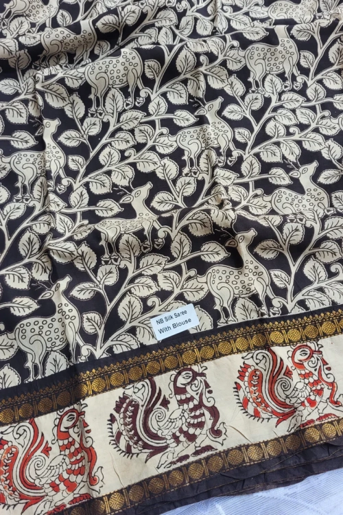Alternative view of Twin Border Black & White Floral Kalamkari Screen Printed Chennur Silk saree - Judwa