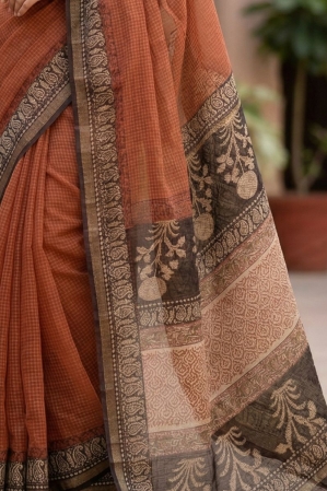Alternative view of Blockprinted Kota cotton saree - brick red