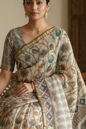 Blockprinted Kota cotton saree - Kalamkari