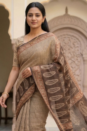 Blockprinted Kota cotton saree - Ajrakh Stripe