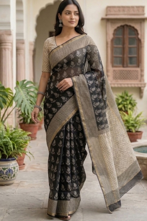 Alternative view of Blockprinted Kota cotton saree