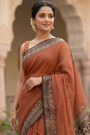 Blockprinted Kota cotton saree - brick red